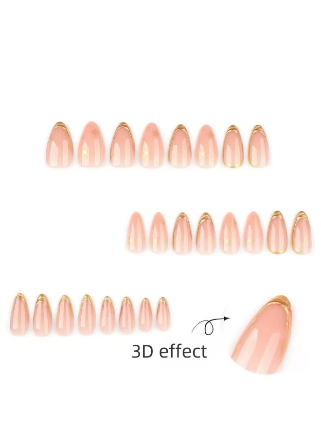 JOSQUEWNN Press On False Nails,24pcs French-Style French Almond Gold Starburst 3D Fake Nails, Perfectly Create a Fashionable Nail Art Effect. Fake Acrylic Nails With Glue Kit. - Image 3